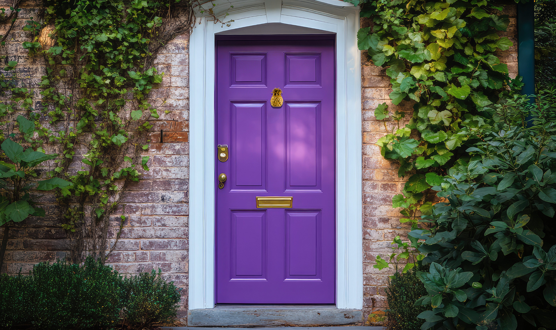 Purple door with gold handle and mail slot on a brick wall with greenery