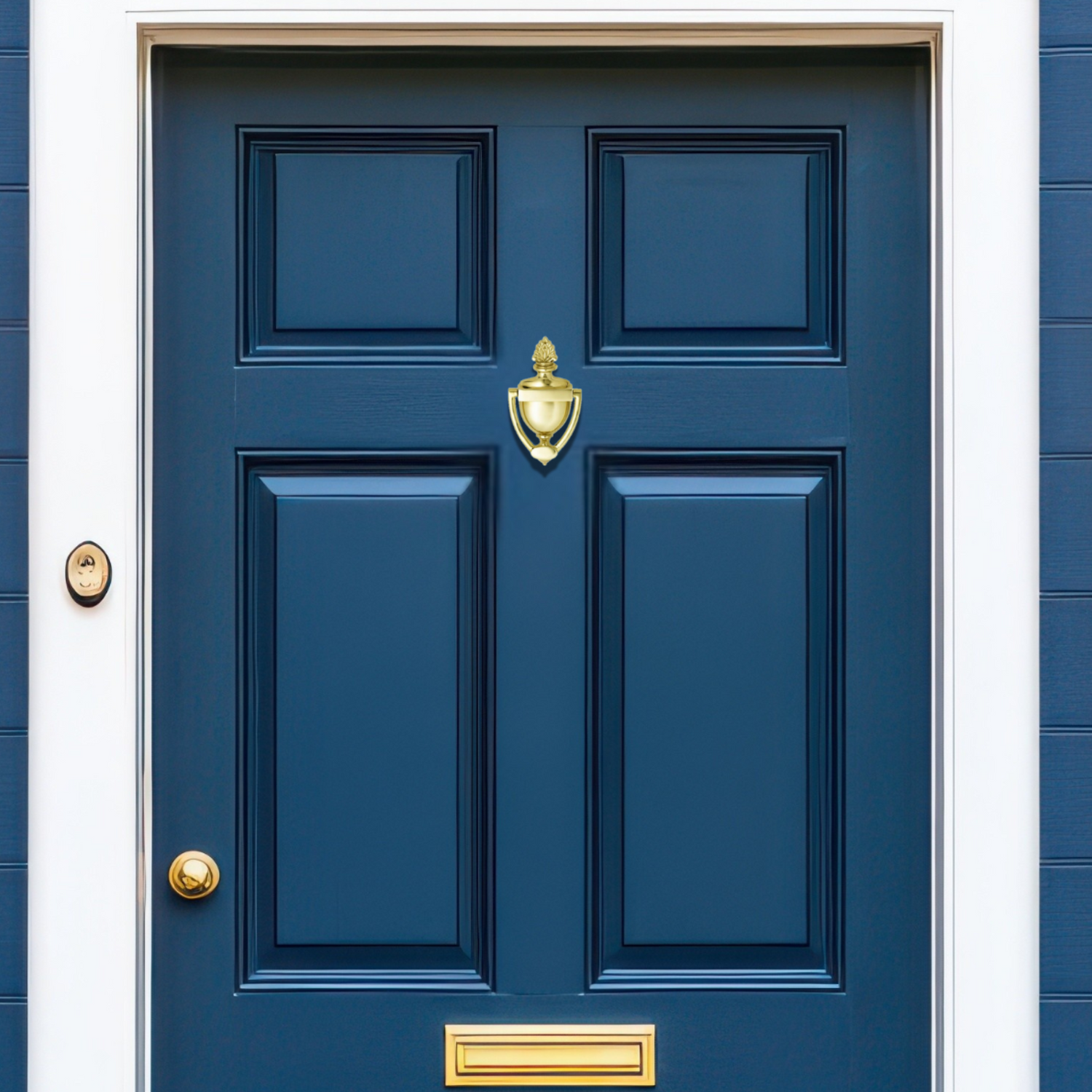 Blue door with gold knocker and mail slot against a blue wall.